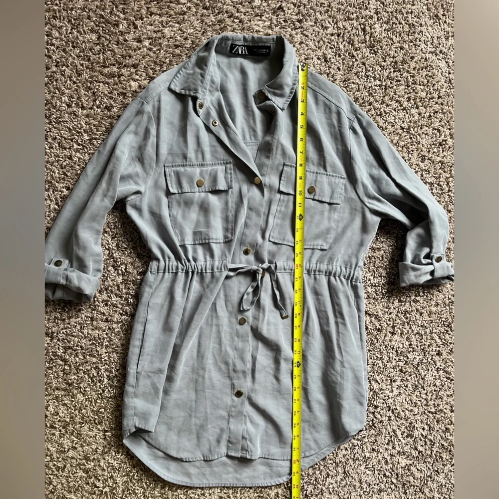 Zara Womens Grey Blue‎ Utility Tunic Shirt Drawstring Waist Snap Front Size M